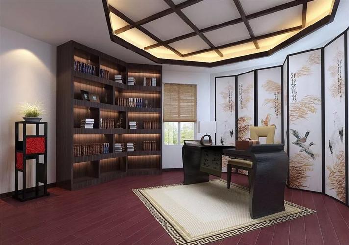 中式书房中式书柜装修效果图书桌书柜一体化设计非常节省空间外观
