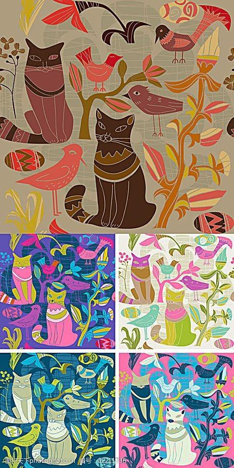 关键词艺术彩绘猫和小鸟矢量素材免费下载
