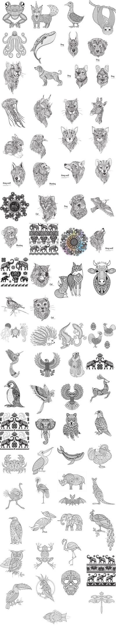 76张黑白动物几何创意线稿卡通手绘插画图腾装饰画缠绕画展览矢量素材