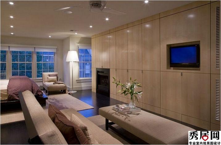 单身公寓客厅兼卧室米色软装沙发装修效果图