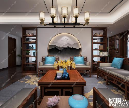 新中式客厅餐厅茶室3d模型