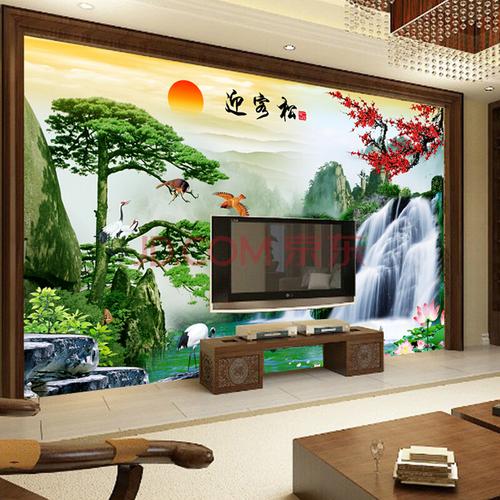 中式3d迎客松梅花山水瀑布山水风景画电视背景墙壁纸客厅影视墙布