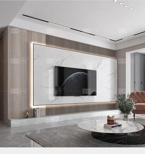 电视背景墙岩板木格栅岩板悬空电视背景墙2022年新款轻奢风瓷砖大理石