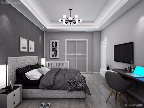 卧室灰色背景墙装修案例效果图地砖墙壁浅色系沙发灰色电视柜茶几