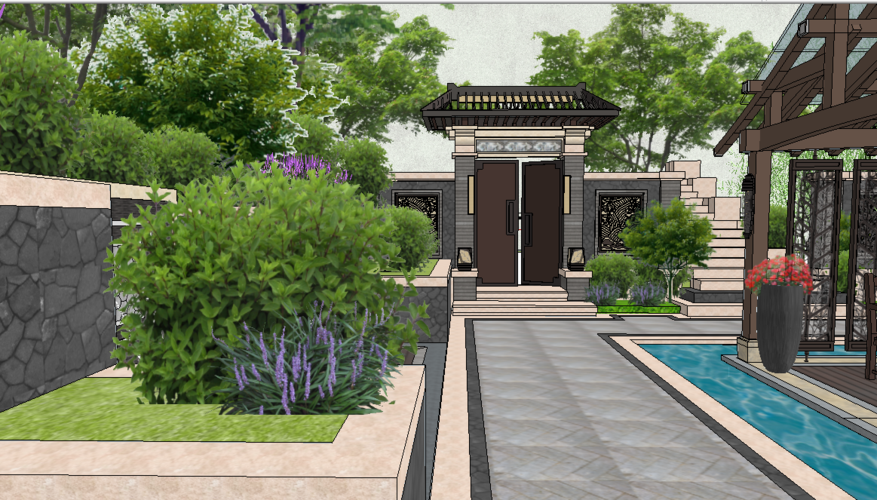 新中式风格庭院大门模型设计