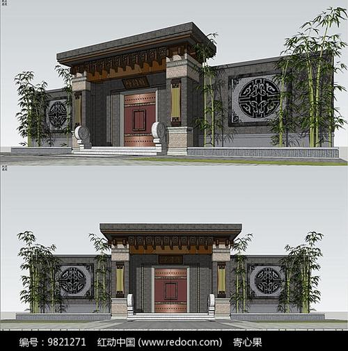 中式风格院子门头su模型图片围墙