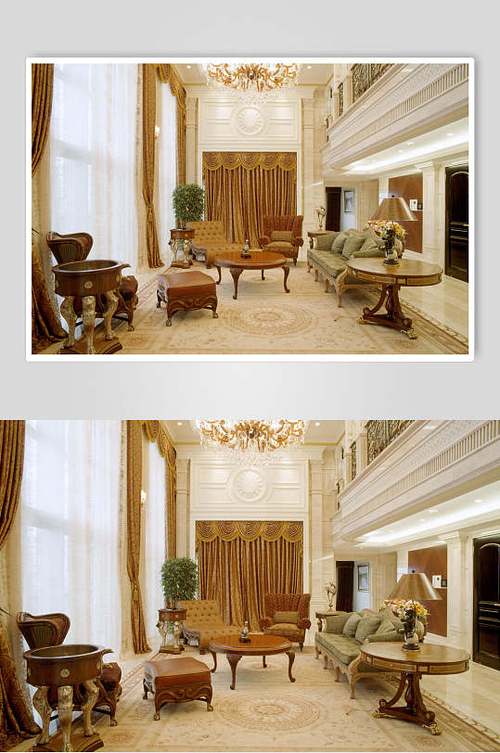 欧式复式跃层客厅金棕色窗帘图片