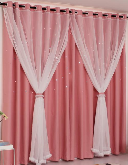 网红梦幻镂空星星遮光窗帘成品布带纱双层一体公主风卧室抖音同款