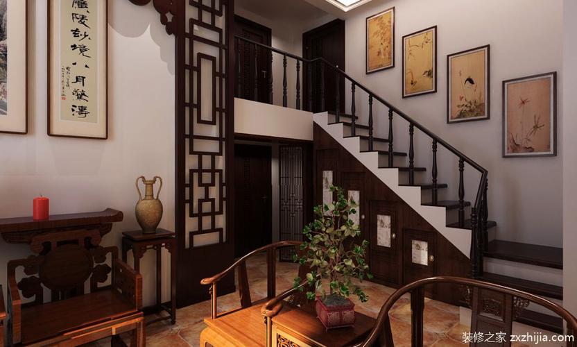 中式客厅复式楼吊顶楼梯设计方案