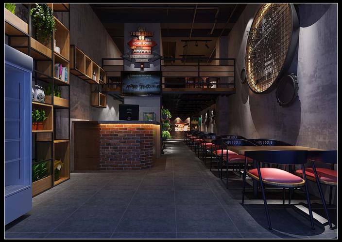 九懿空间设计欧美复古风的特点烧烤店內部布局的很有格调宽阔的室内