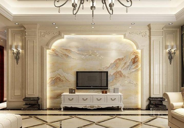 大理石电视背景墙瓷砖高温微晶石新中式山水画现代3d客厅影视墙