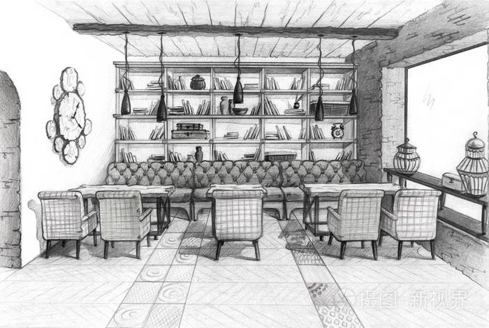 室内素描设计咖啡馆生态风格的货架椅子和桌子铅笔绘图