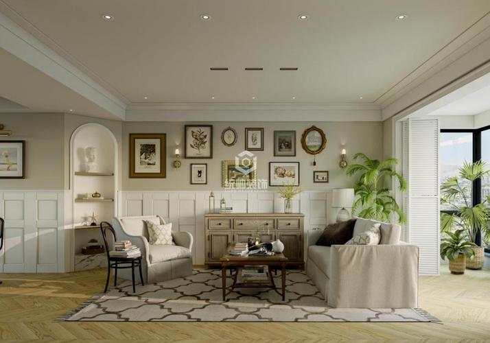 木质地板有种传统的做旧效果奶白色墙面与浅色系布艺沙发搭配犹如