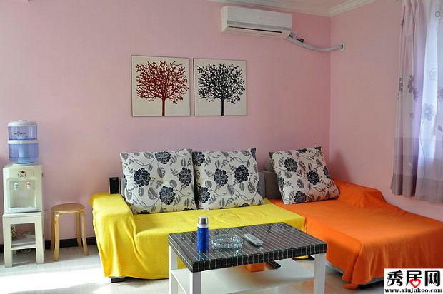 粉色墙面小客厅装修效果图旧房老房子墙面颜色粉刷翻新效果图