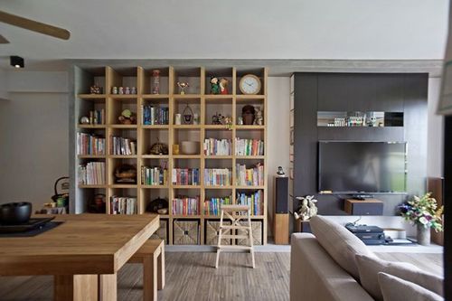 现代简约二居92平房屋客厅沙发书柜装修效果图