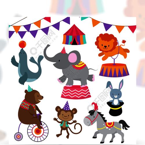 马戏团儿童表演卡通动物矢量集与动物狮子熊大象和猴子例证的马戏狂欢