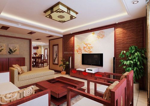 中式风格室内客厅电视背景墙装修设计装修123效果图