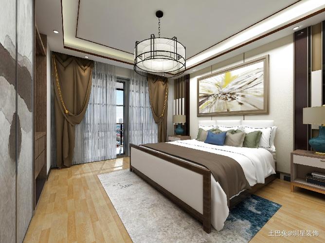 雅韵别致300新中式复式设计卧室窗帘中式现代卧室设计图片赏析