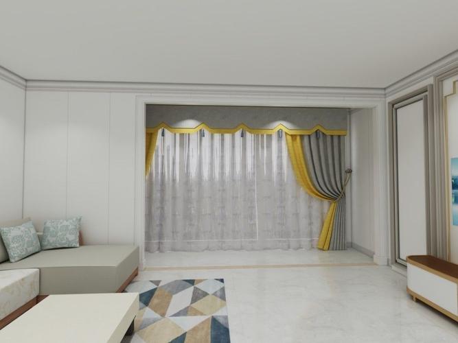 客厅方案二选用高级灰拼明黄的配色方案再配以中式韵味十足的帘头