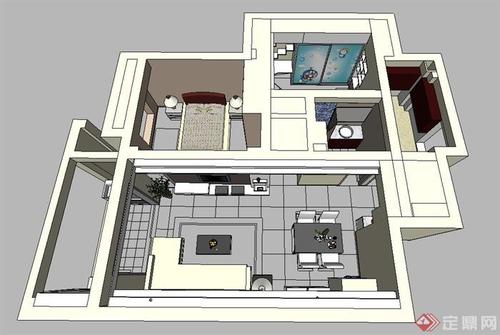 某两室一厅住宅室内设计su模型2原创