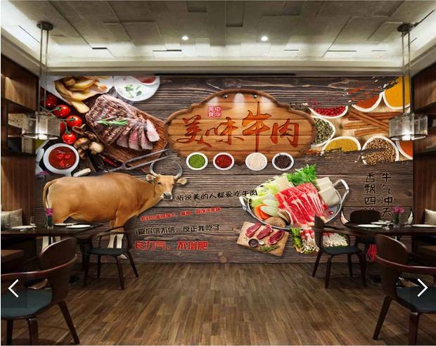 传统风味牛肉复古工装背景墙牛杂餐厅餐馆装饰画定制壁画