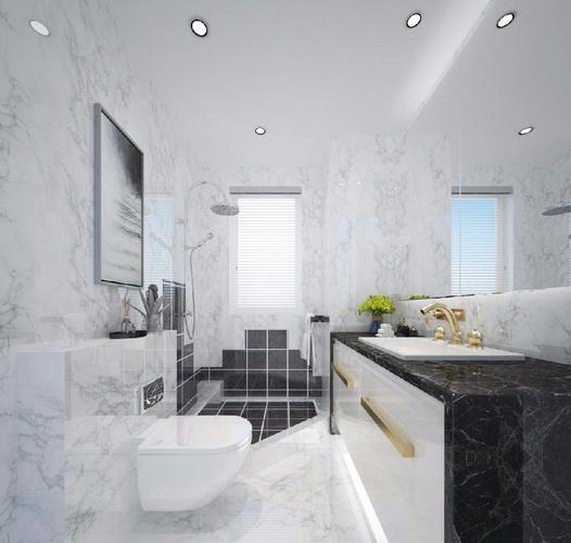 卫生间设计独立淋浴区地面以挡水石分割区域内铺贴黑色小方砖墙面