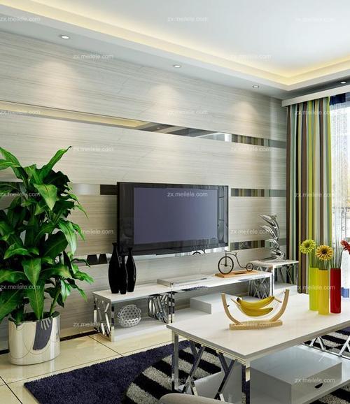 现代白色电视背景墙将条纹运用在时尚的客厅装修中效果图欣赏