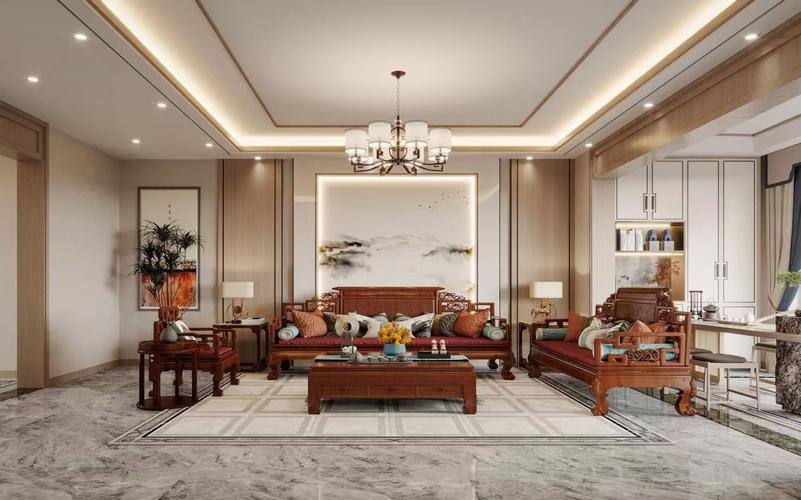 金融城新中式风格装修搭配四方红木家具让客厅空间韵味十足.