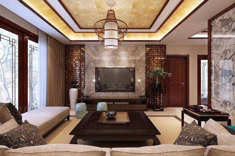 中式古典三居室客厅影视墙装修效果图欣赏