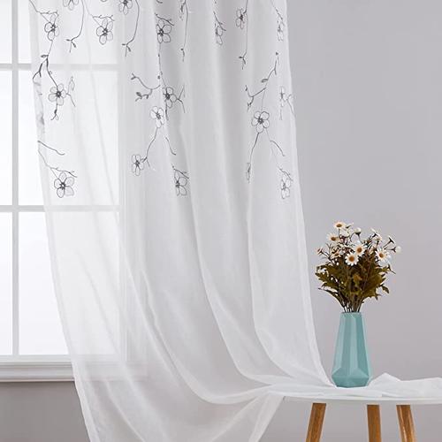 刺绣透明窗帘灰色花卉薄纱窗帘适用于客厅窗户护理套装半透明窗帘