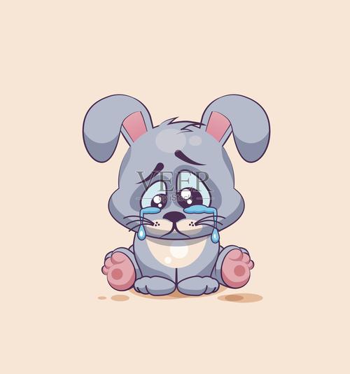 孤立的表情符号字符卡通悲伤和沮丧的灰色小兔子哭插画图片素材