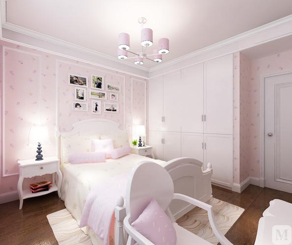 主卧室是陪深色壁纸显示出业主平时的沉稳女孩房间设计以粉色为主