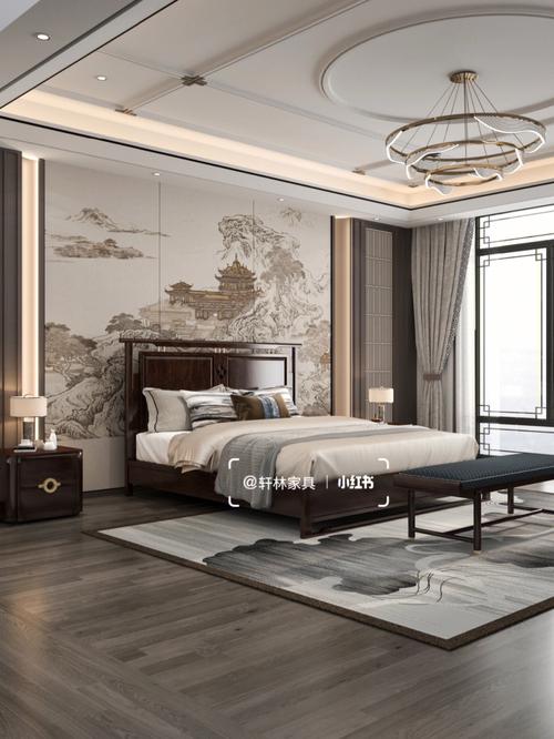 新中式风格的色彩比较沉稳低调多使用或深或浅的实木床.