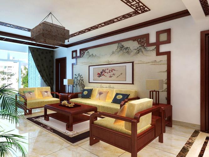 现代中式客厅沙发背景墙装饰画装修效果图