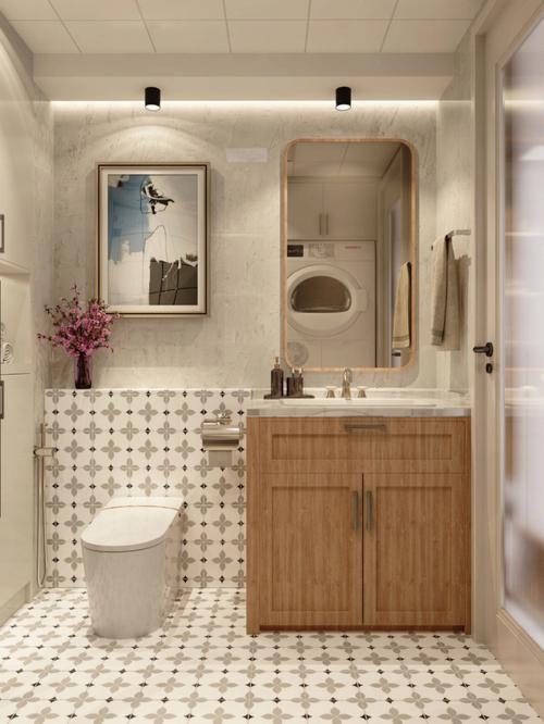 美式复古浴室丨小花砖和原木浴室柜丨绝绝子