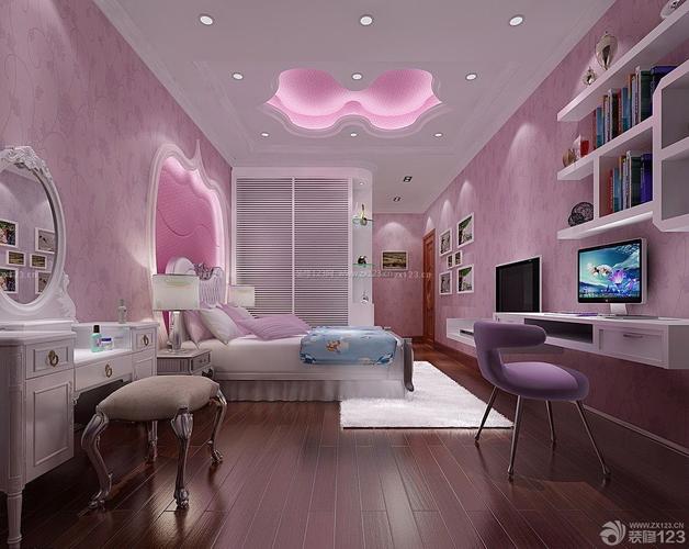 长方形卧室粉色墙面壁纸装修设计效果图片