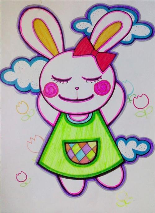 儿童彩笔画作品小兔姑娘