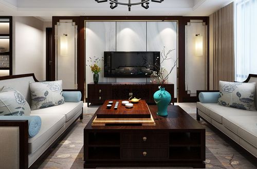 最新中式小客厅装修电视背景墙装饰设计图片装修123效果图