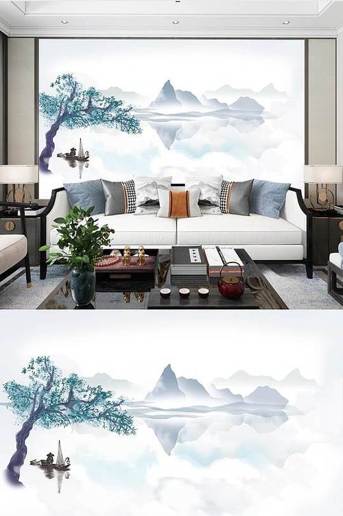 中式山水画背景墙沙发电视背景墙