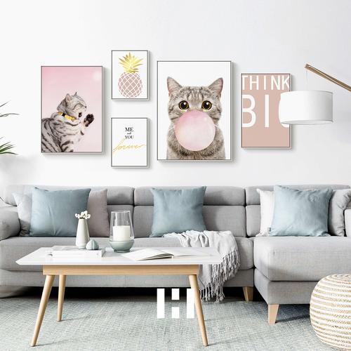 动物猫咪挂画粉色ins北欧风客厅装饰画沙发背景墙卧室儿童房壁画