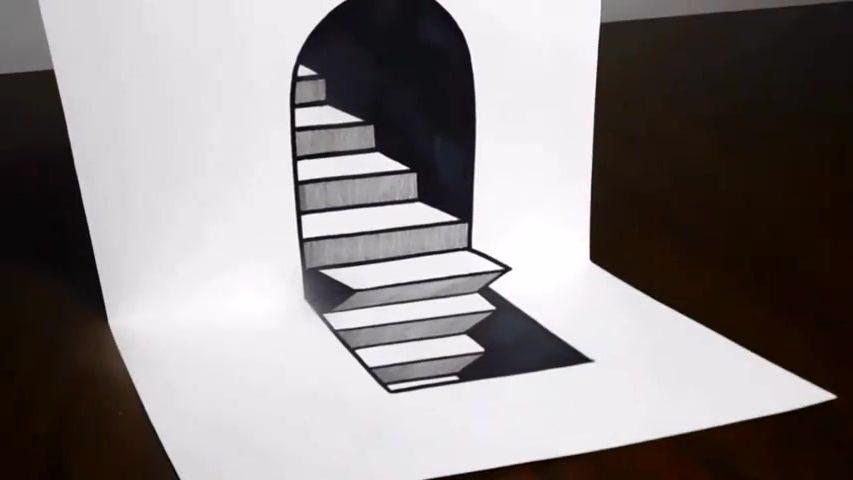 3d手绘画教大家画一个简单的视觉错觉楼梯快来试试吧