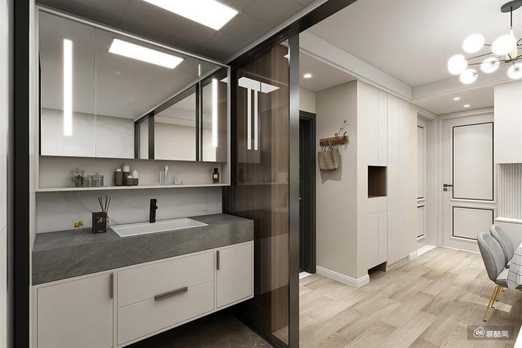 干湿分离的设计设计了玻璃隔断防止定制柜受潮灰白色为主的卫生间