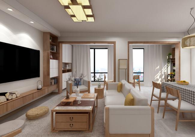 客厅是横厅户型采光特别的优良沙发茶几均是经典的日系配色加入