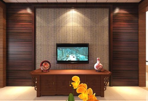 君澜实木客厅电视背景墙实木花纹板装修效果图