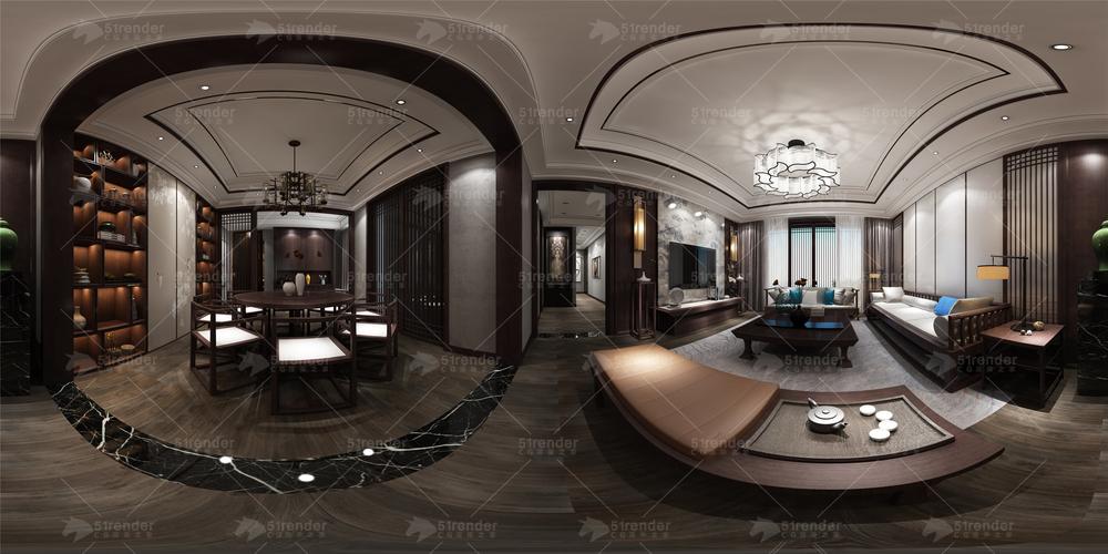 新中式全景720室内客厅效果图三维模型