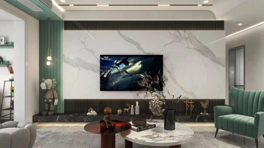 极简主义风格的爵士白鱼肚白岩板电视背景墙