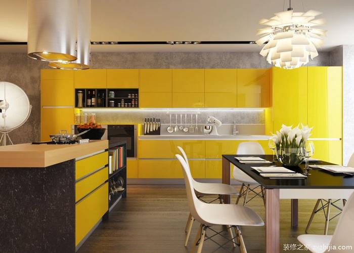 亮黄色现代风格厨房橱柜装修效果图