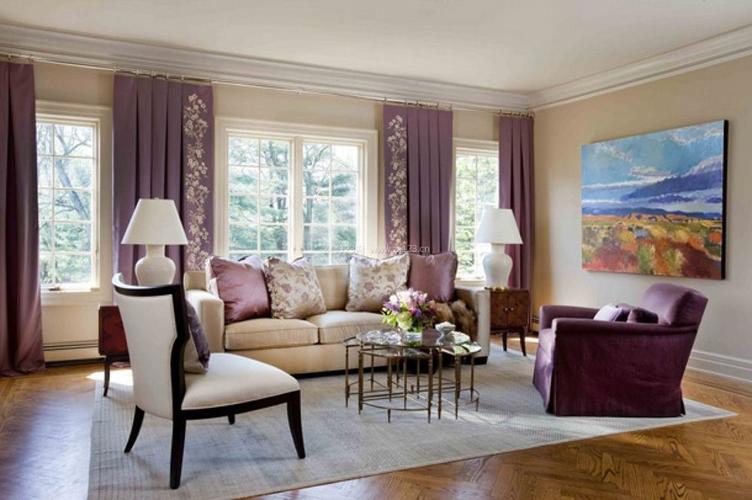 简约风格小客厅紫色窗帘装修效果图片
