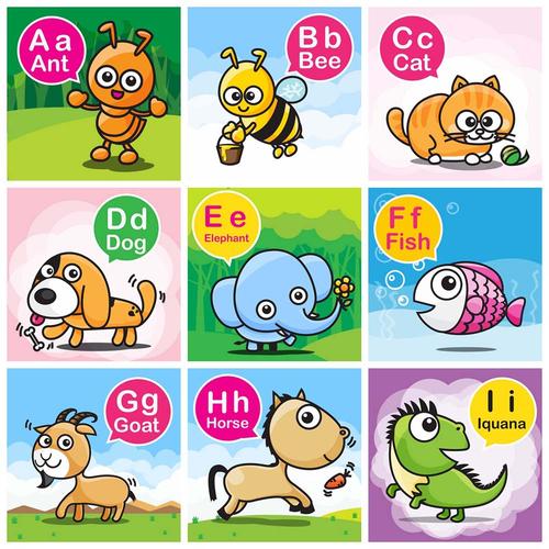 26个英文字母可爱动物字母表矢量插图