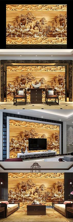 中式木雕荷花立体电视背景墙
